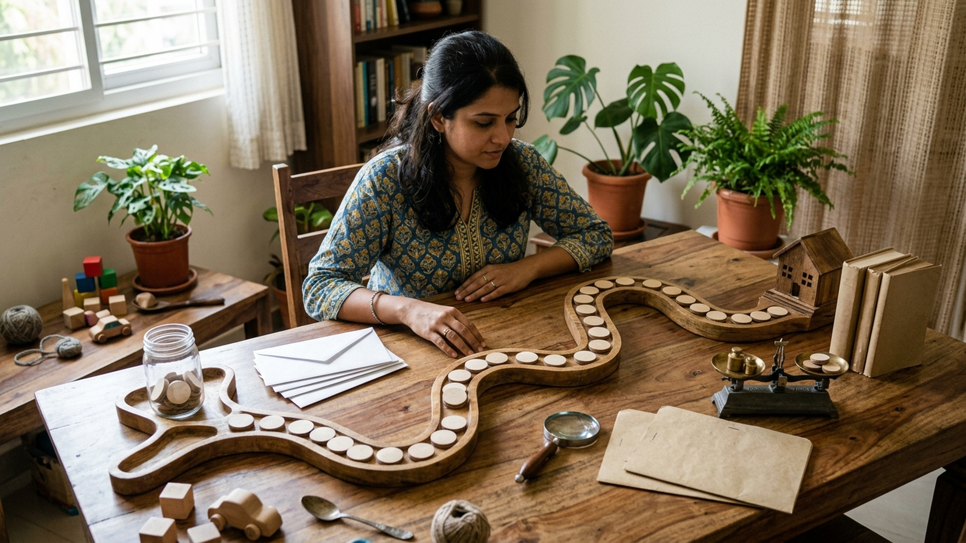 A realistic monthly planning sequence shows income arriving, essential expenses and emergency savings protected, and repeated investments moving toward a family goal.