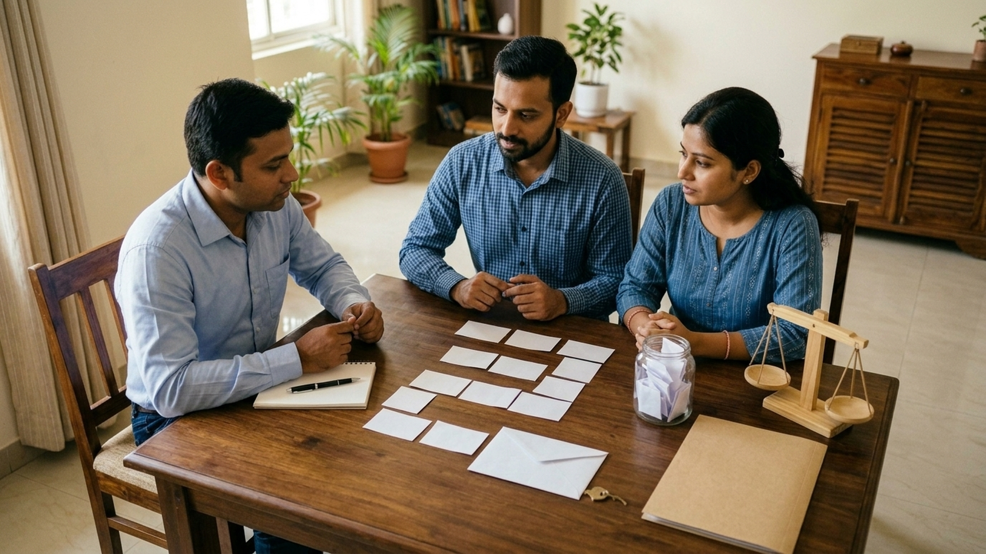 The household arranges monthly investment slips and a one-time amount beside emergency reserves and a shared goal folder.