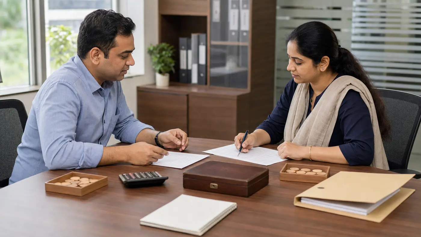 An Indian employee and an HR professional review separate personal and employer contribution papers during a retirement-benefit discussion.